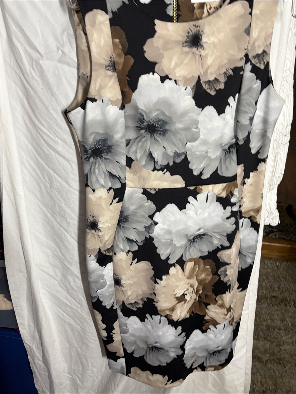 Calvin Klein Black Floral Sheath Dress with Gray & Tan Blooms